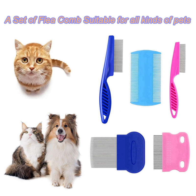 5 Pack Flea Lice Comb,Stainless Steel Dog Cat Grooming Combs with Rounded Teeth,Double Sided Professional Pet Tear Stain Remover,Dematting Tool for Small, Ideal for all pet Blue,Pink