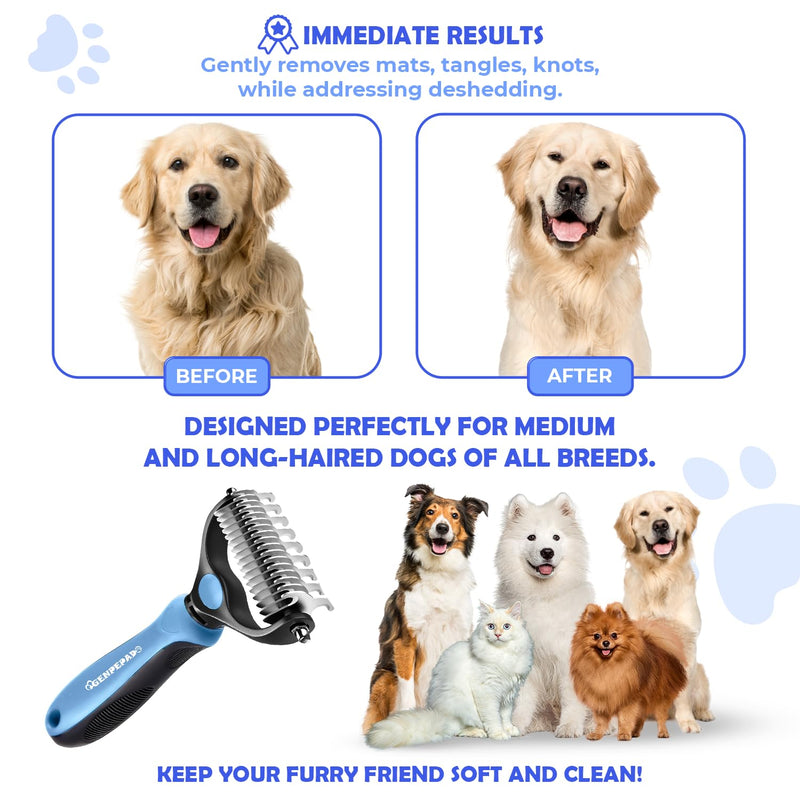 Undercoat Rake for Dogs & Cats, Dematting Comb with Extra Wide Double-Sided Stainless Steel Teeth for Detangling, Deshedding, Brushing, Thinning & Removing Shed Fur, Knots, Mats, and Tangles in Pets - PawsPlanet Australia