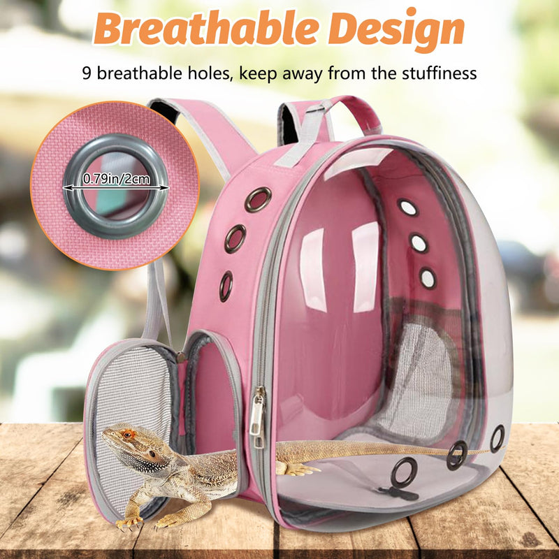 kathson Bearded Dragon Carrier with Harness and Leash Set, Large Reptile Travel Carrier Portable Lizard Backpack Clear Small Animals Carrying Bag for Gecko Hamster Rabbit Hedgehog Kitten (Pink) Pink
