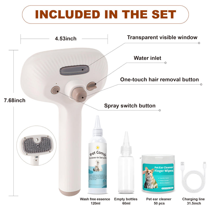 Cat Steam Brush, Dog Brush for Shedding, Pet Spray Hair Removal Comb, Pet Brush for Short & Long Hair, USB Rechargeable Grooming Supplies, Spritz Defur Comb with Finger Wipe for Teeth (White) Pet Brush+Shampoo+Wipes - PawsPlanet Australia