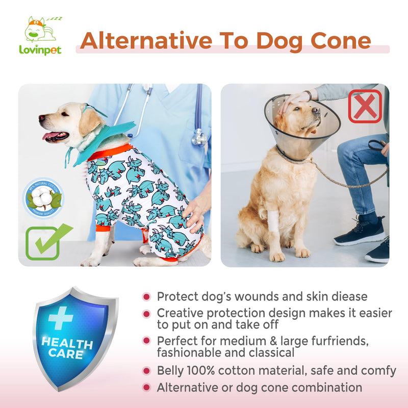 LovinPet Dog Recovery Suit - Medium Large - Dog's Bodysuit Wound Protective Surgical,E-Collar Alternative Recovery Snugly Suit for Abdominal Wounds After Surgery Anti-Licking,Rhino,Green,L Red collar/Blue - PawsPlanet Australia