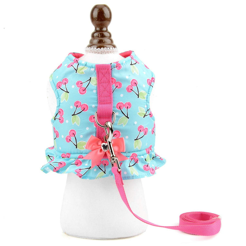 SMALLLEE_LUCKY_STORE Bow Cherry Print Cat and Small Dog Harness Dress with Leash for Girls Adjustable No Pull Escape Proof Soft Walking Jacket Waterproof Puppies Kitten Harness Vest Outdoor,Green S S(chest 14.5-15.5 Inch) blue cherry - PawsPlanet Australia