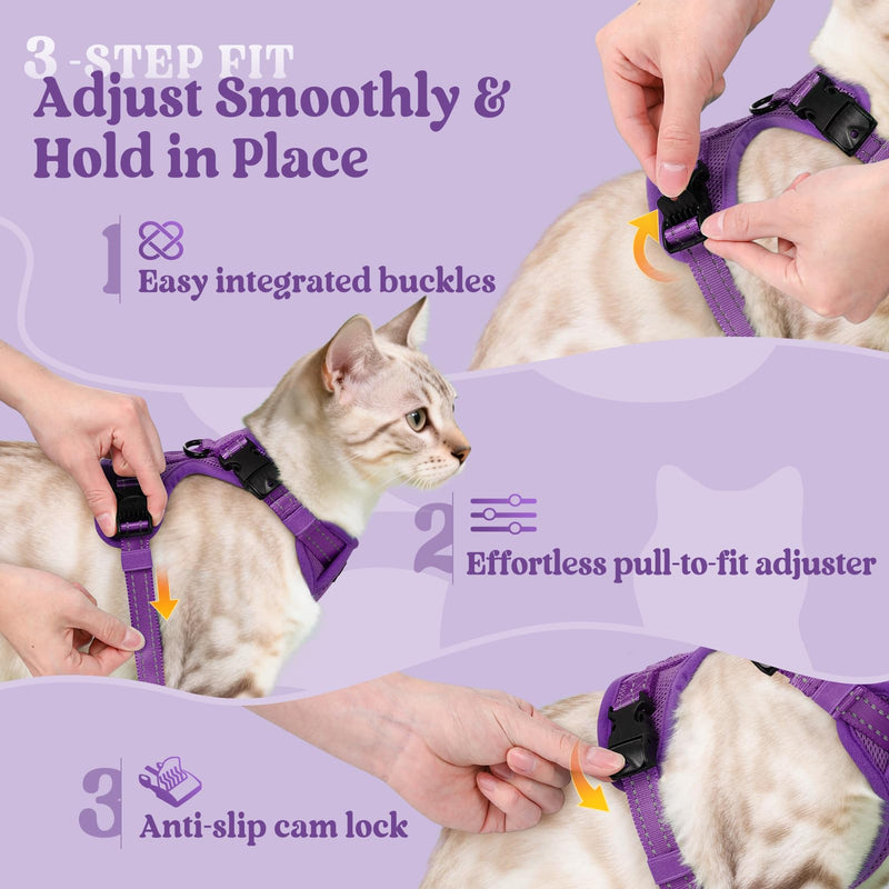 rabbitgoo Cat Harness and Lead Set, Escape Proof Kitten Harness with 3 Adjustable Buckles, Soft Comfortable Cat Vest with Leash, Easy to Wear, Reflective for Safe Outdoor Walking, Small, Purple