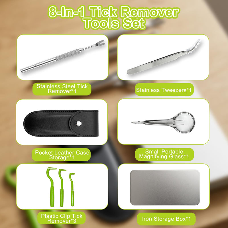 Tick Removal Tool Set,8 in 1 Twister Kit with Stainless Steel Tick Remover&Tweezers,Portable Pocket Storage,Professional Tick Remover Set for Dogs,Cats,Humans,Outdoor,Camping