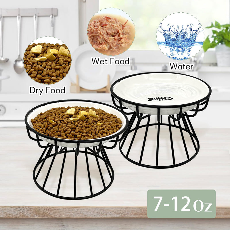 BNOSDM 2 Pcs Elevated Cat Bowls Ceramic Shallow Cat Food Bowl with Metal Stand, Raised Kitten Plate for Wet Food Anti Vomit Feeding Dish Set for Indoor Kitty and Small Cats Black【2 Pcs】 Fishbone - PawsPlanet Australia