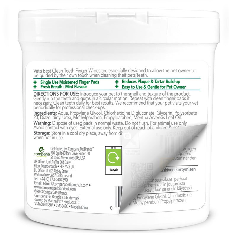 Vet's Best Dental Care Finger Wipes, Reduces Plaque & Freshens Breath, Teeth Cleaning for Dogs - 50 Disposable Wipes White