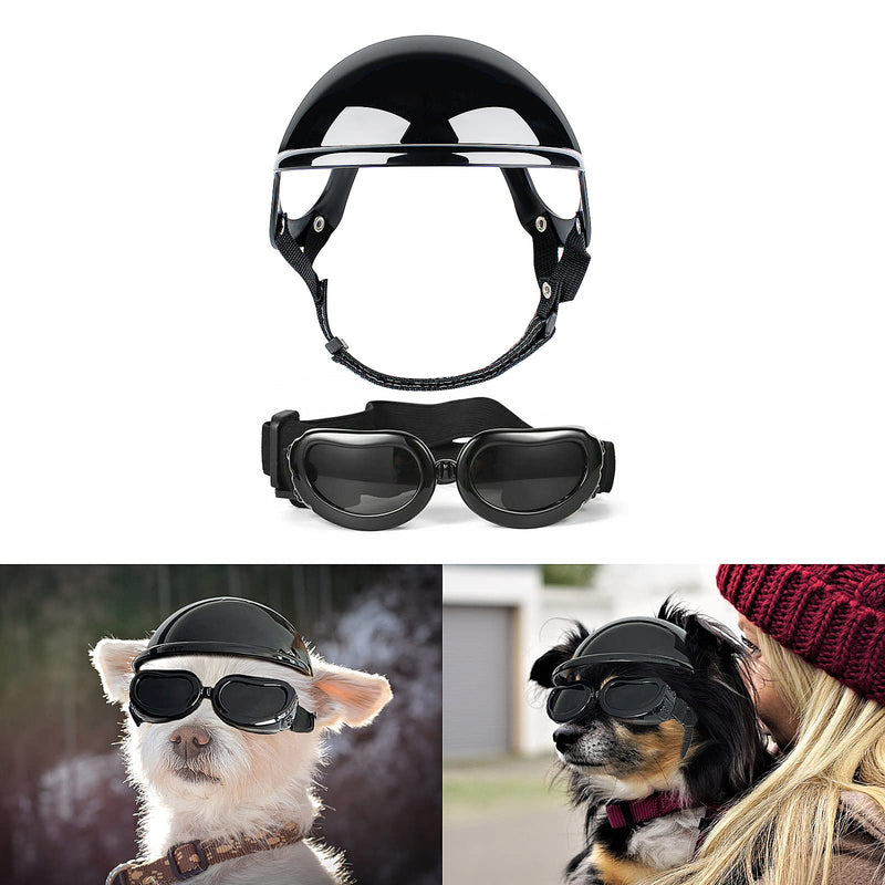 Dog Helmet and Goggles for Small Breed Dog, UV Protection Dog Motorcycle Goggles Helmet with Ear Hole, Dog Bike Helmet Black goggles+ Helmet