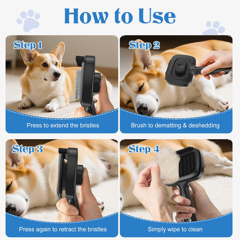 Self Cleaning Shedding Brush - Skin Friendly Grooming Tool for Dogs & Cats, Bristle Brush and Long/Short Needles Design, Deshedding and Hair Removal for Long & Short Haired Pets (Black) Black - PawsPlanet Australia