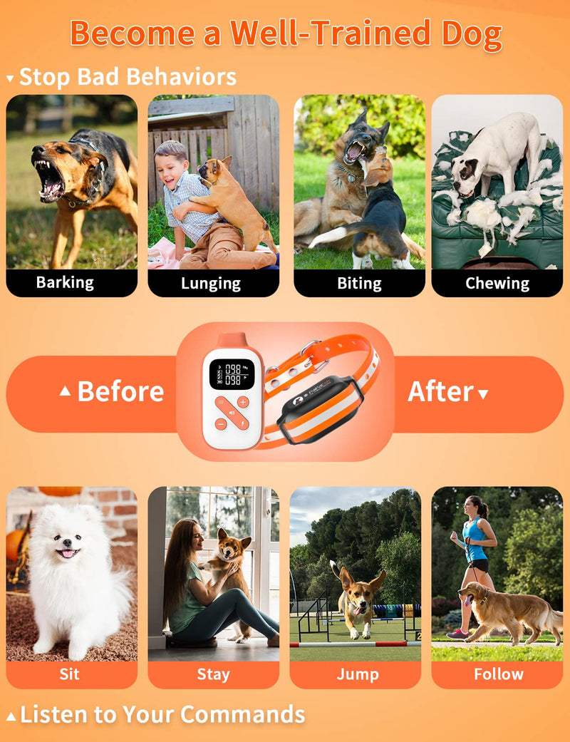PaiPaitek 2-in-1 Dog Bark Collar and Shock Collar with Remote 3300ft Range - 5 Adjustable Sensitivity Levels, IP67 Waterproof Training Collar for Small, Medium, and Large Dogs (5-120 lbs) Orange - PawsPlanet Australia