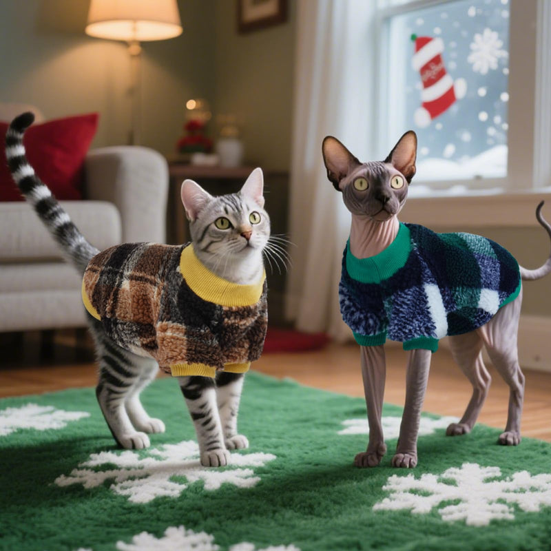 DENTRUN Cat Sweater Winter Clothes - Plush Fleece Coat with Cotton Lining, Anti-Static, Front Legs Kitten Pajamas, Stretch Ribbed Cuffs for Warmth, Cozy Christmas Outfit for Small Medium Large Cats X-Large Yellow Plaid - PawsPlanet Australia