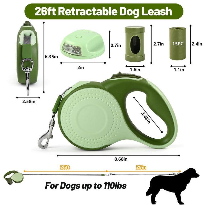 26ft Heavy Duty Retractable Dog Leash for Large Dogs, Dog Leash with Poop Bag Holder, Up to 100lbs, with LED Light, Chew Proof Cable, One-Handed Pause & Lock, 360° No Tangle. (Green, 26Ft) Green - PawsPlanet Australia