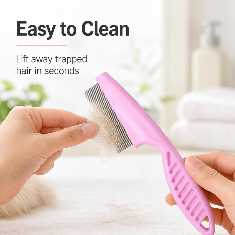 Flea Comb for Cats and Dogs, Small Pink Fine Tooth Pet Grooming Comb with Stainless Steel Teeth, Manual Pet Care Tool for Kittens, Puppies, Face, Eyes, Paws, Short Medium Coats