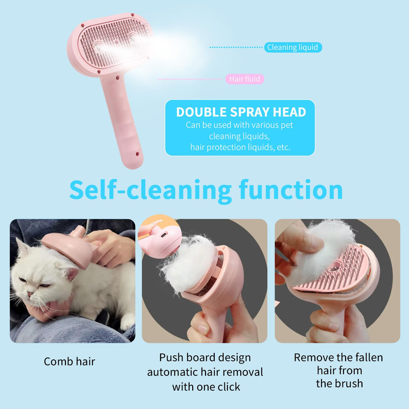 Cat Steam Brush, 2 Spray Nozzles for Shedding & Grooming, Self-Cleaning Cat Brushes for Indoor Cats & Dogs, Pet Hair Removal Tool with Release Button, Perfect for Long & Short Haired Pets (Pink) Pink - PawsPlanet Australia