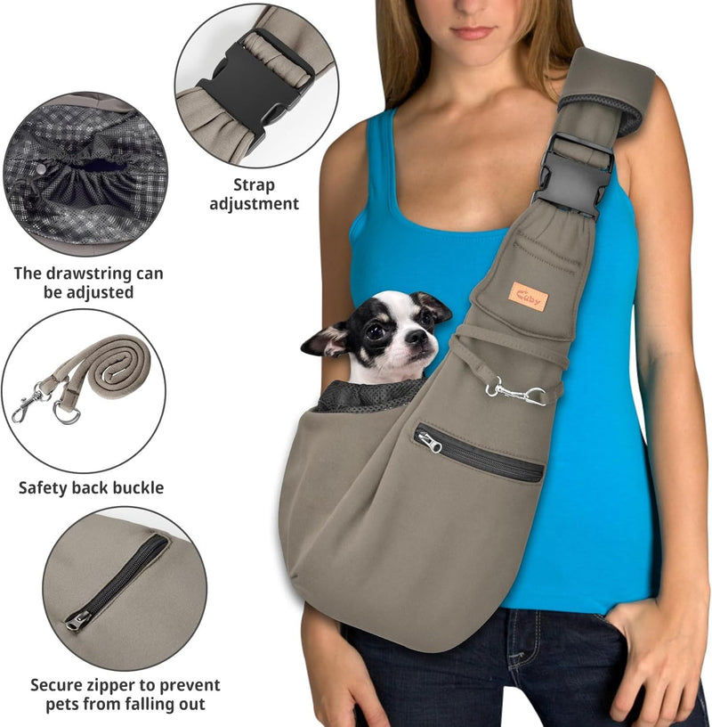 CUBY Puppy Carrier, Adjustable Reversible Cat Dog Sling Carrier for Small Medium Dogs Hands-free Puppy Sling Protect Shoulder Strap with Safety Belt Zipper Pocket Bottom Mat Khaki - PawsPlanet Australia