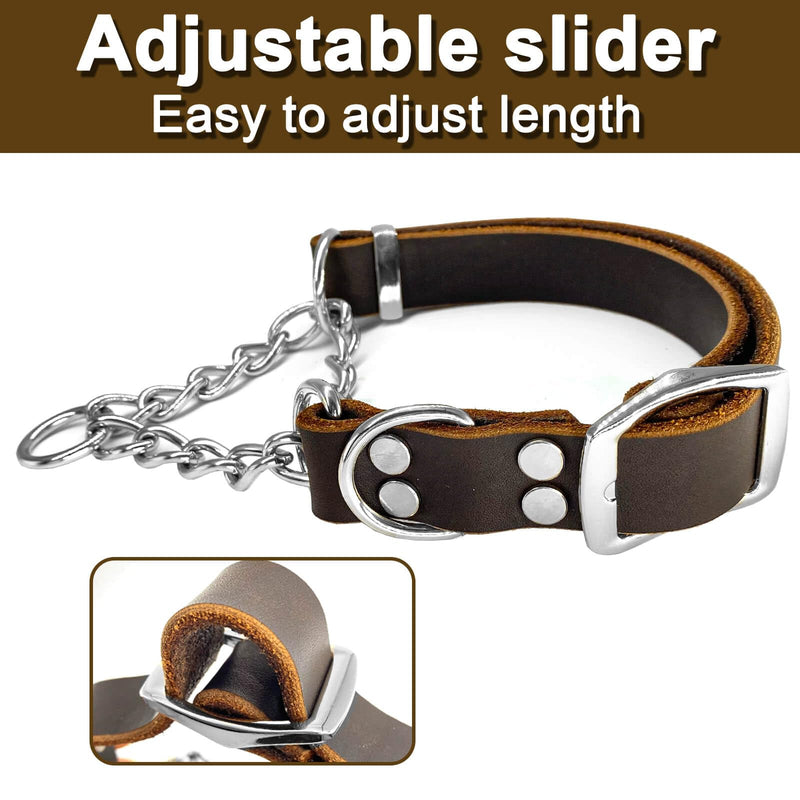 Leather Martingale Dog Collar, Soft Genuine Cowhide Handmade Assembled Stainless Steel Chain Martingale Collar Adjustable for Medium Large Dogs Pets. (L, Neck 20-25"(Martingale)) L, Neck 20-25"(Martingale)