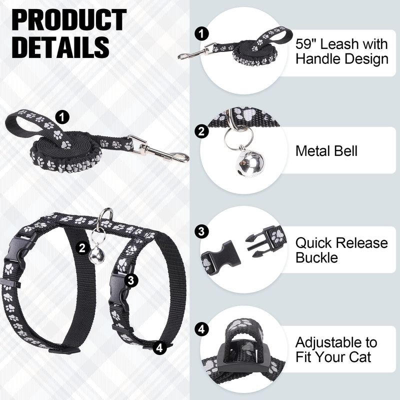 BEAUTYZOO Cat Harness and Leash Set Escape Proof for Walking, Kitten Soft Adjustable Vest Harnesses for Small Medium Large Cats, Easy Control Breathable Plaid Ribbon Nylon for Outdoor Indoor Use Black_Reflective - PawsPlanet Australia