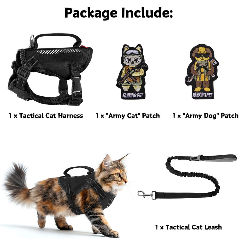 Cat Harness and Leash Set for Walking Escape Proof Adjustable Reflective Large Cat Tactical Harness with Patches Breathable Summer Vest Soft Mesh Padding Handle Easy to Control (Black, M) Black - PawsPlanet Australia