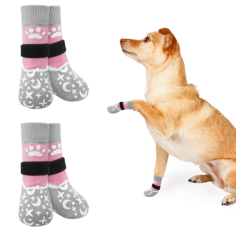 BEAUTYZOO Dog Socks to Prevent Licking Paws, Reflective Dog Socks for Hardwood Floors Anti Slip, Dog Shoes for Hot Pavement- Anti Twist Thick Grip-Small Medium Large Senior Dog Boots & Paw Protectors S(Pack of 4) Grey_Star & Moon