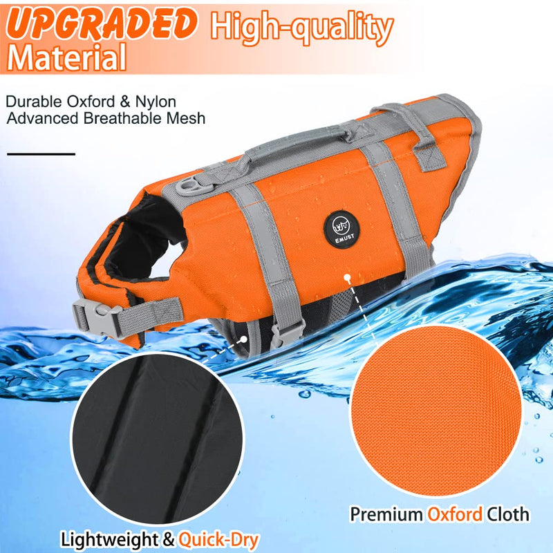 EMUST Dog Life Jacket, XL, NewOrange, Waterproof, Breathable, Adjustable with Rescue Handle, for Swimming Pool Beach Boating