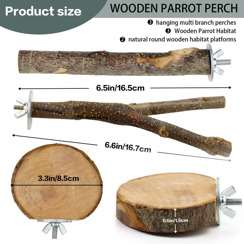 Natural Wood Bird Perches for Cage, Parrot Perch Stand & Platform, Bird Cage Accessories for Parakeets, Cockatiels, Conures, Lovebirds (Brown, Core Perch & Platform - 8PCS) brown - PawsPlanet Australia