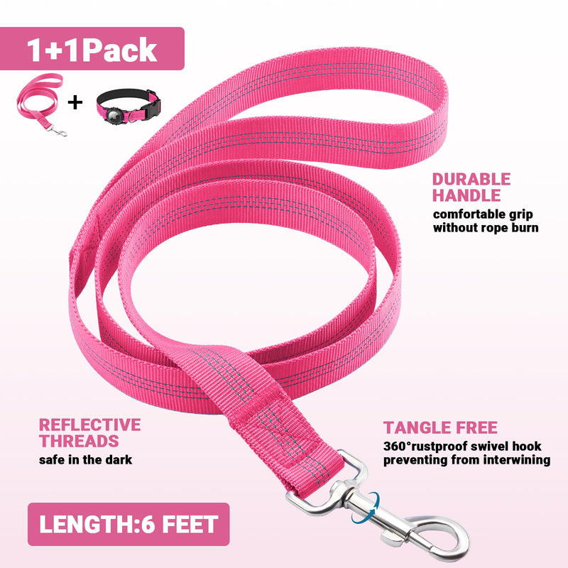 AirTag Dog Collar and Leash, IP68 Waterproof Integrated with Reflective, Ultra-Durable, Comfortable Padded, Heavy Duty Dog Collars for Small Medium Large Dogs, L (14.8"-20.3"), Pink L(14.8"-20.3") Set-Pink - PawsPlanet Australia