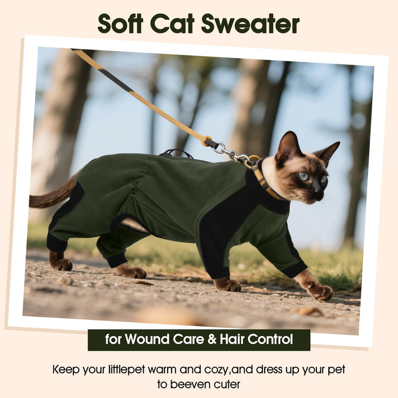 DENTRUN Cat Clothes with Anti-Shedding Fabric - Soft Recovery Suit & Breathable Lint-Resistant Cat Sweater for Wound Care & Hair Control, Kitten Onesie Pajamas, XXL, Army Green XX-Large - PawsPlanet Australia
