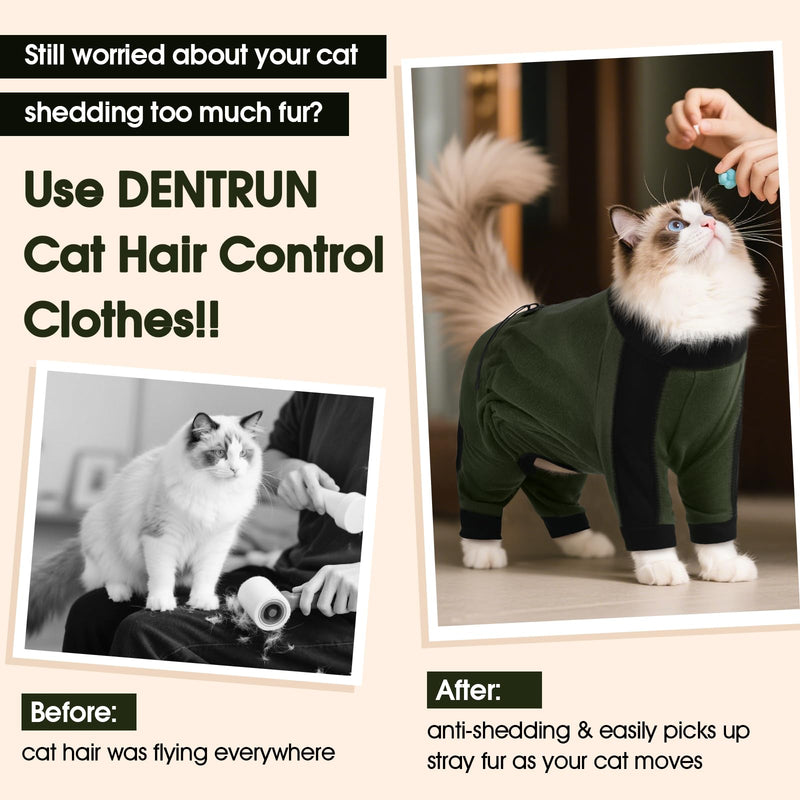 DENTRUN Cat Clothes with Anti-Shedding Fabric - Soft Recovery Suit & Breathable Lint-Resistant Cat Sweater for Wound Care & Hair Control, Kitten Onesie Pajamas, XXL, Army Green XX-Large - PawsPlanet Australia