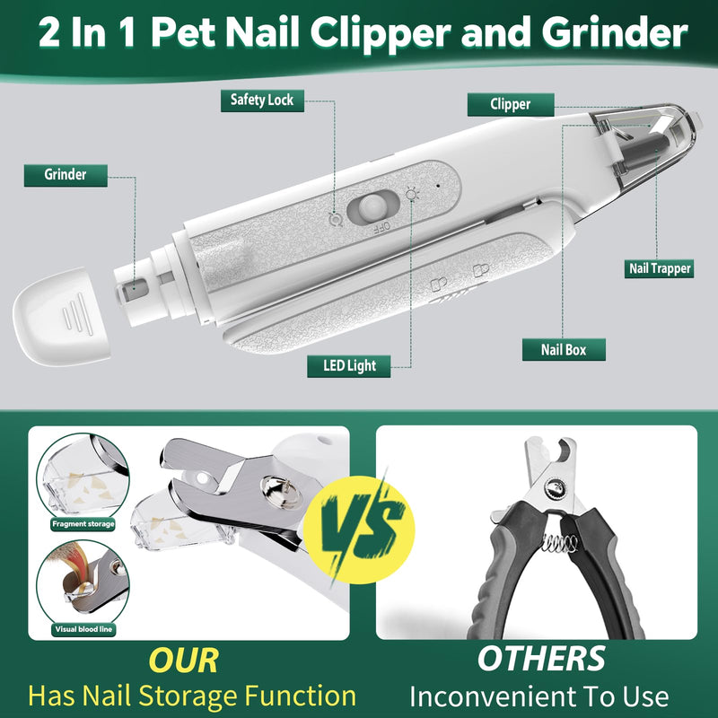 2-in-1 Cat Nail Clippers & Dog Nail Clippers Trimmers for Large Medium Small Dogs Cats Claw Trimmer Quick Sensor and Safety Guard USB Rechargeable with 2 LED Lights Dogs Nail Trimmer White 2th Generation - PawsPlanet Australia