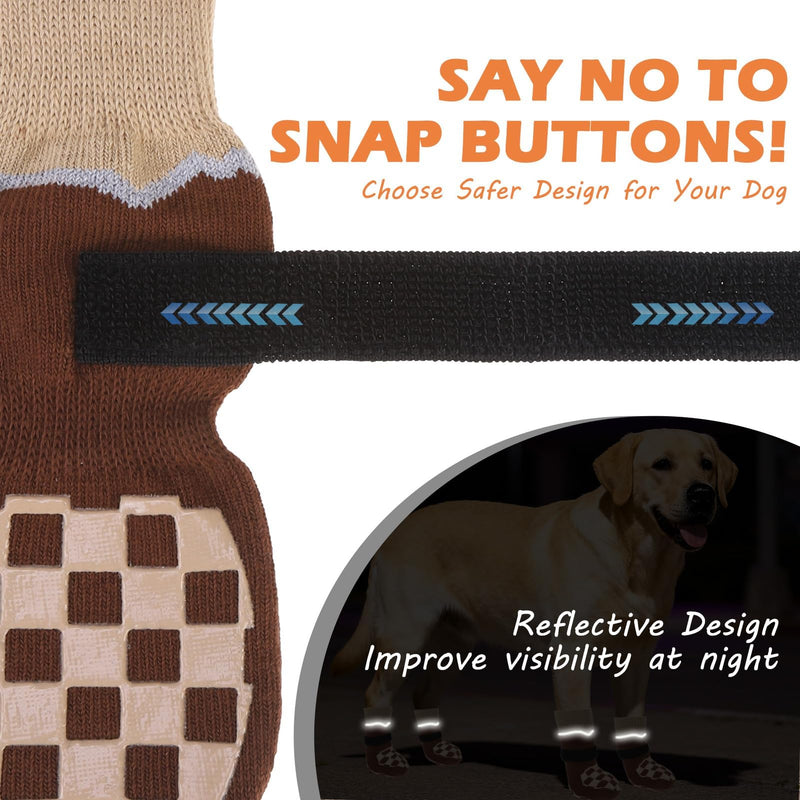EXPAWLORER Dog Socks to Prevent Licking Paws with Grippers for Hardwood Floors Anti Slip, Reflective Dog Cold Winter Shoes Booties Boots & Paw Protectors with for Small Medium Large Senior Dogs L Brown