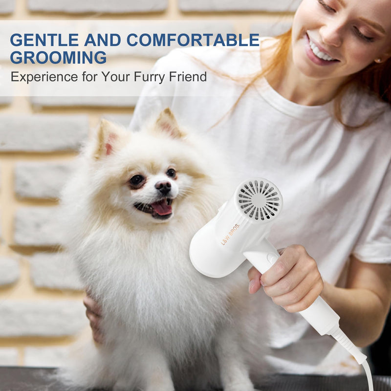 L&W BROS. Low Noise Pet Dryer for Small Dogs - 2-In-1 Indoor Grooming Dryer with Slicker Brush, Adjustable Temperature and Overheating Protection (White) White - PawsPlanet Australia