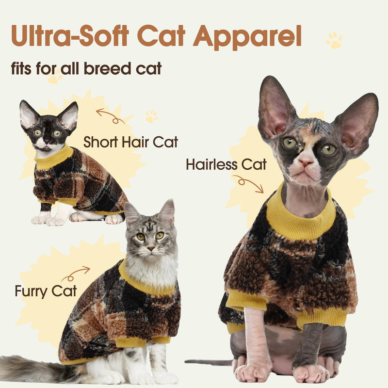 DENTRUN Cat Sweater Winter Clothes - Plush Fleece Coat with Cotton Lining, Anti-Static, Front Legs Kitten Pajamas, Stretch Ribbed Cuffs for Warmth, Cozy Christmas Outfit for Small Medium Large Cats X-Large Yellow Plaid - PawsPlanet Australia