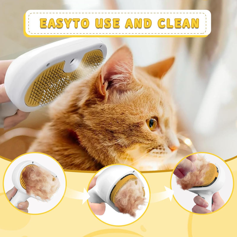 Cat Steam Brush for Grooming, Magic Wand for Pet Hair, Dog Steam Grooming Brush, 3 in 1 Massage Brushes with Handle, Suitable for Most Long and Short-Haired Pets, with a Flea Comb Pink