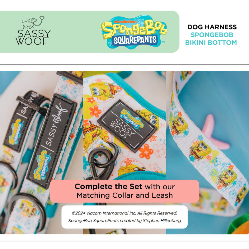 Sassy Woof Dog Adjustable Harness - Spongebob Squarepants™ Bikini Bottom - S, Breathable Mesh, No Pull Design with Two D-Rings, Perfect for Small Dogs and Puppies - Officially Licensed