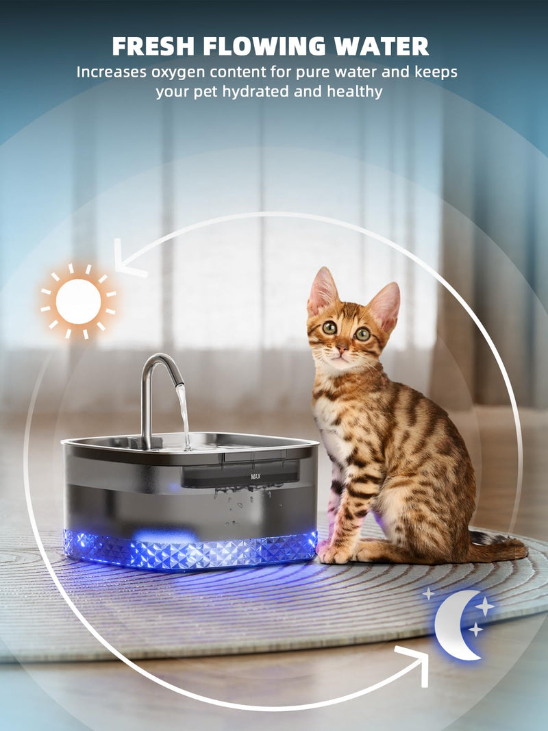 Cat Water Fountain: 75oz/2.2L Automatic Pet Water Dispenser for Cats, 304 Stainless Steel Faucet & Lid Cat Water Bowl Dispenser, Super Silent Pet Water Fountain for Cats Inside, Pump with LED Light Stainless Steel Cat Fountain - PawsPlanet Australia