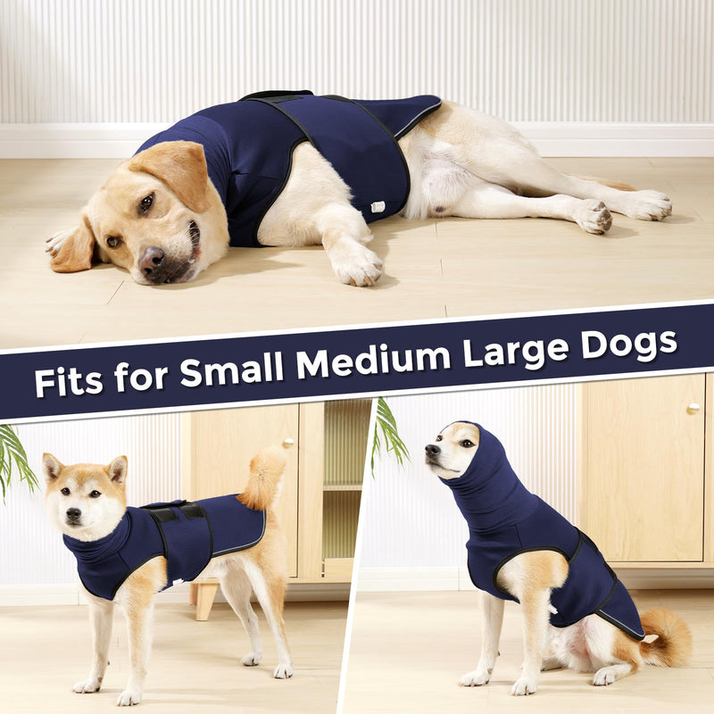 Dotoner Dog Anxiety Relief Coat,2-in-1Calming Anxiety Jacket for Dogs with Soft Ear Muffs Hood for Noise Dog Anxiety Vest with reflective strips Belly Coverage Anti-Anxiety Wrap Relief Stress M Navy blue