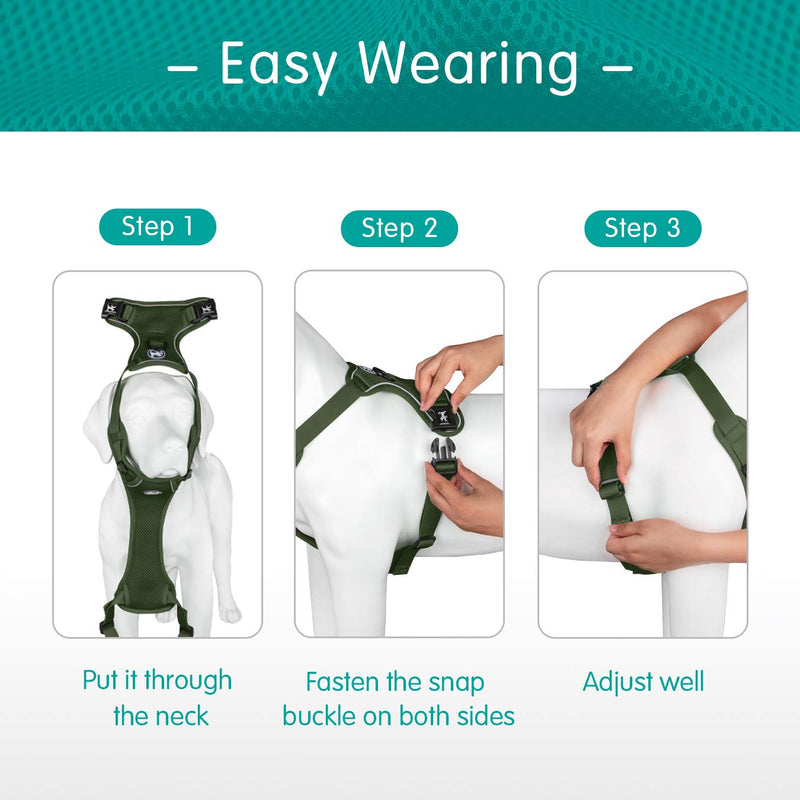 PoyPet Reflective Soft Breathable Mesh Dog Harness Choke-Free Double Padded Vest with Adjustable Neck and Chest(Military Green,M) Medium Military Green - PawsPlanet Australia