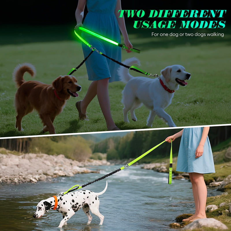 LED Double Dog Leash, No Tangle 360° Swivel Heavy Duty Dog Walking Leash with Two Padded Handles for Two Dogs (Green) Green - PawsPlanet Australia