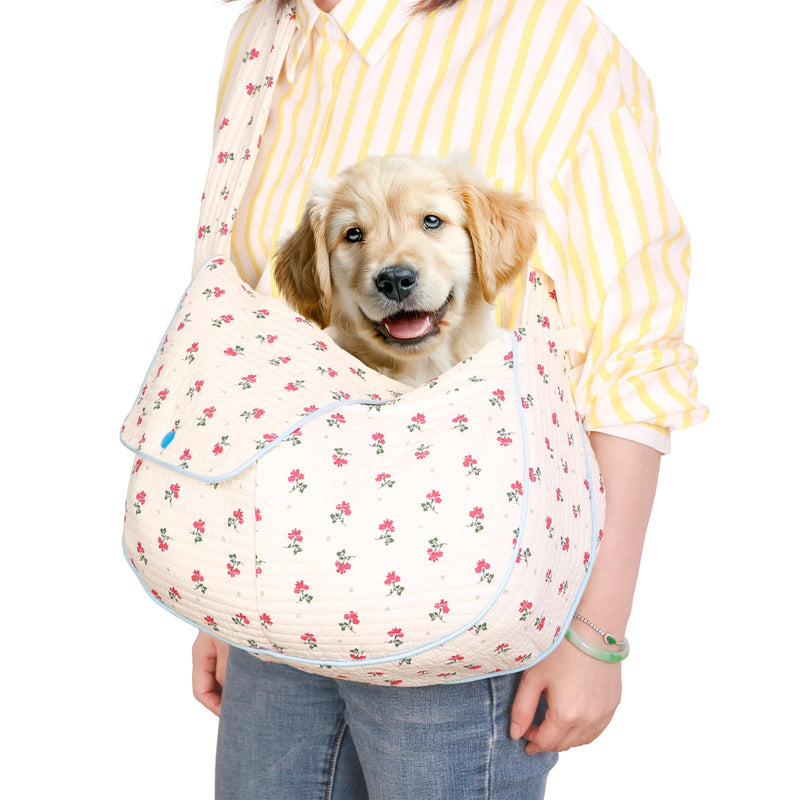 Floral Pet Carrier Sling, Breathable Cotton Dog Purse Carrier, Hand-Free Travel Puppy Purse for Small Dog 5-15 lbs, Cat Sling Chest, Per Mom Dad Gifts(White, Large) White - PawsPlanet Australia