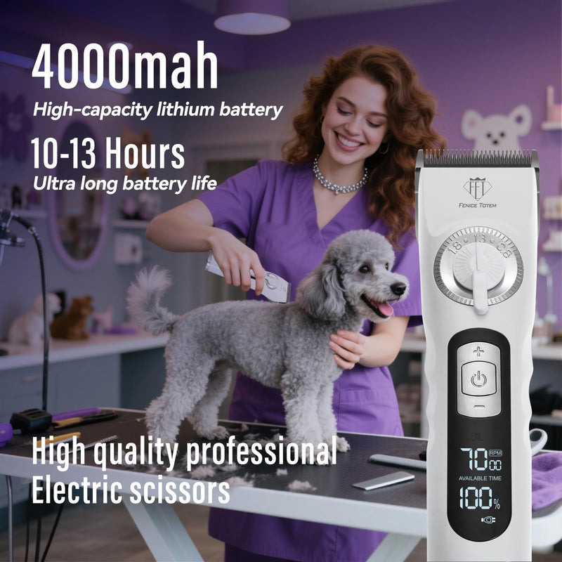 Professional Electric Dog Grooming Clippers, 4000mAh Battery, LCD Display, Type-C Charging, Silver (White)