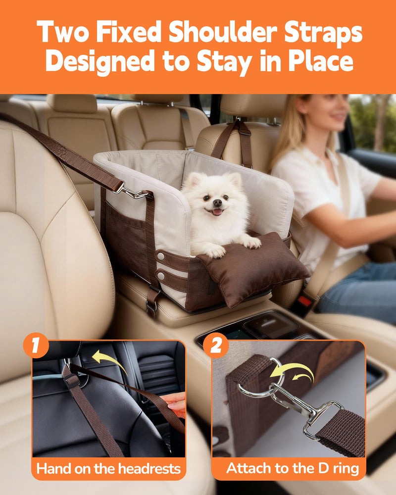 JZXOIVA Console Dog Car Seat & Travel Bed for Small/Medium Dogs, Booster Dog Car Seat with Safety Tether, Non-Slip Base, Washable Cover, Front or Back Seat Pet Carrier Bed, Brown - PawsPlanet Australia