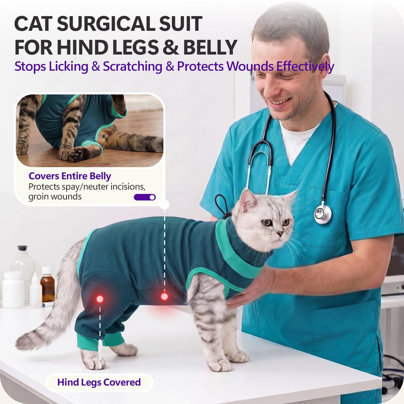 Cat Recovery Suit with Hind Legs, Soft Spay Recovery Suit for Female Cats, Kitten Onesie for Cats After Surgery, Anti-Licking Abdominal & Hind Leg Wound Protector, Cone Alternative - Green L Large
