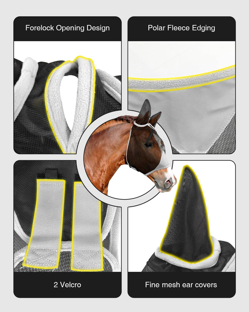 Hilltown Fly Mask for Horse with Ears - Teslin Mesh, 3D Eye Space, Forelock Opening, UV Protection, Adjustable Fit for Pasture, Grazing & Stable - Full, Grey