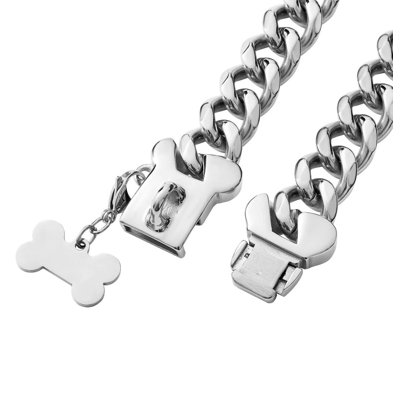 Stainless Steel Cuban Silver Link Heavy Duty Necklace Dog Collar for Small Medium Large Dogs, American Bully French Bulldog Dog Collar with CZ Luxury Safety Personalized Dog Tag Buckle Silver 12 Inch (Pack of 1) - PawsPlanet Australia