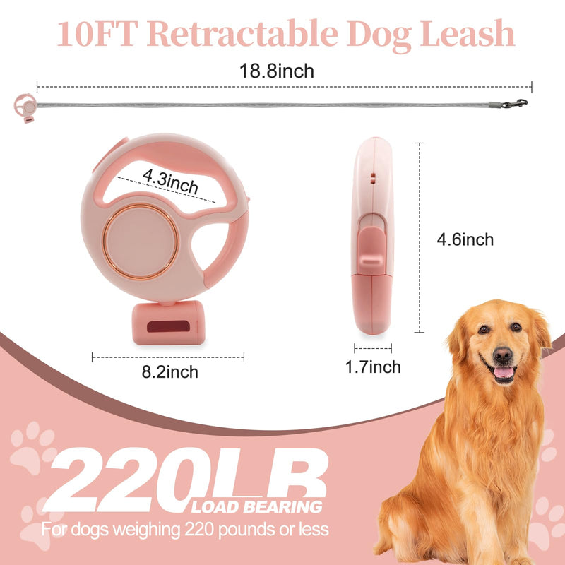 Retractable Dog Leash 4 in 1 with LED Light & Dispenser & Fixed Hanging, 10 ft Heavy Duty Dog Leash Retractable for Medium Large Dogs Up to 90lbs, 360°Tangle-Free, One Button Brake & Lock (Pink) pink - PawsPlanet Australia