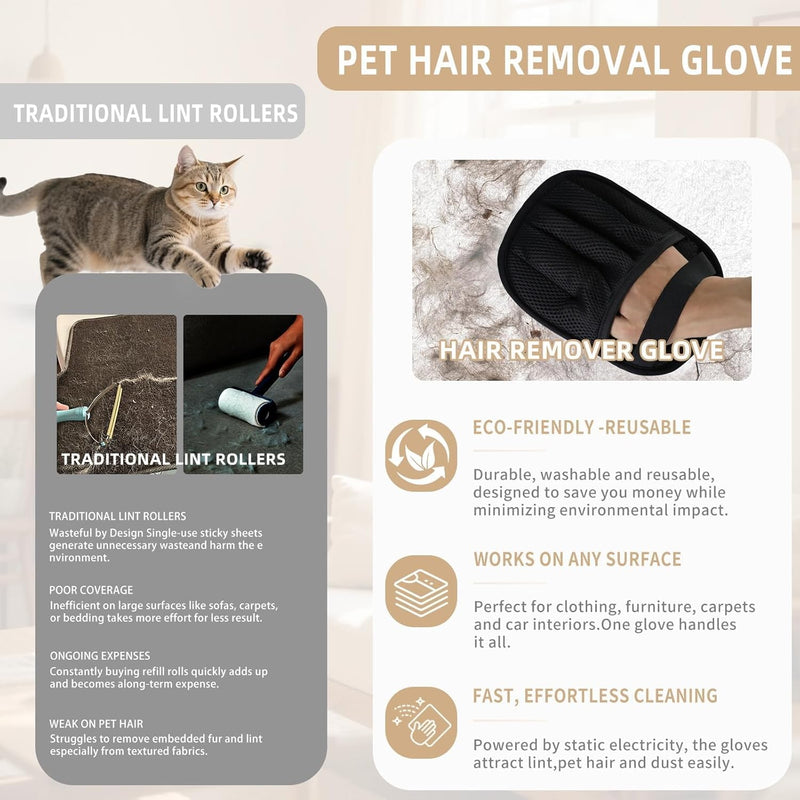 2 PCS Pet Hair Removal Glove for Cats & Dogs, Newly Pro Five-Finger Electrostatic Pet Hair Remover Gloves, Magic Brush Pet Hair Removal Tool (Black, L) Black - PawsPlanet Australia