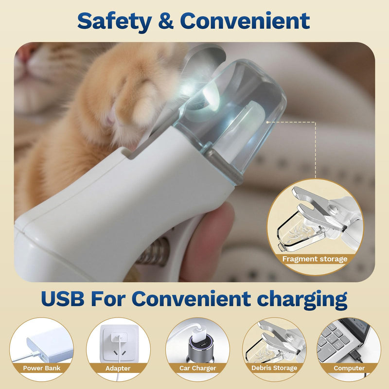 2-in-1 Dog & Cat Nail Clipper with Grinder - Dual Highlight LED Reduce Over-Trimming, Long Battery Cordless USB-C Rechargeable, Safety Lock & Catcher Cap, Quiet Home Grooming for Small Large Pets White - PawsPlanet Australia