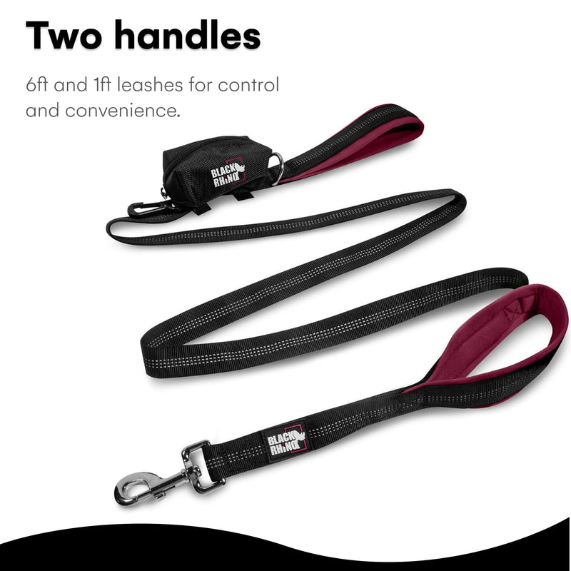 Black Rhino Heavy Duty Dog Leash for Medium and Large Dogs - 6 ft Long Double Handle Leash with Padded Traffic Control Handles and Bag - Reflective, Durable, and Weather Resistant (Burgundy) Burgundy - PawsPlanet Australia