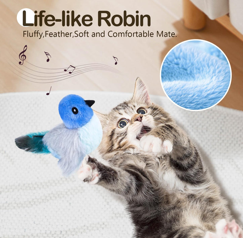 Migipaws Cat Toys,Interactive Lifelike Robin Flying Flapping Bird with Catnip, Feathers Hanging by Elastic String, Automatic Chirping Kitten Toys for Indoor Cats Self Play, Rechargeable(Blue) Lantra(blue)