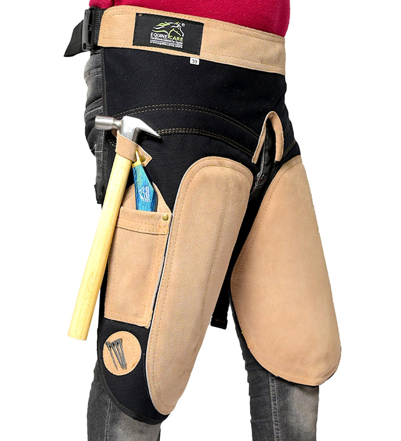 Equine Care Farrier Apron Chaps – 2mm Cowhide Suede Leather, 500 GSM Canvas, 23" Length, Adjustable Waist (28–52"), Ambidextrous Knife Pockets, Magnets & Loops – Horseshoeing & Hoof Trimming. Beige with Black