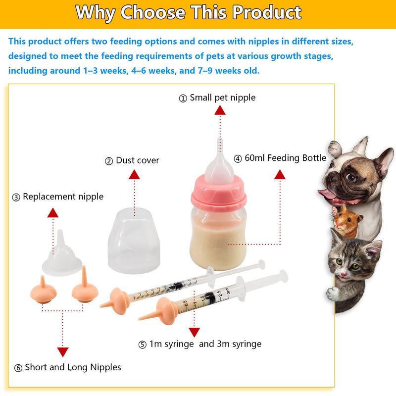 Pet Feeding Bottle and Syringe Set for Puppies and Kittens(1 Bottles,2 Syringes,6 Nipples), Pink - PawsPlanet Australia